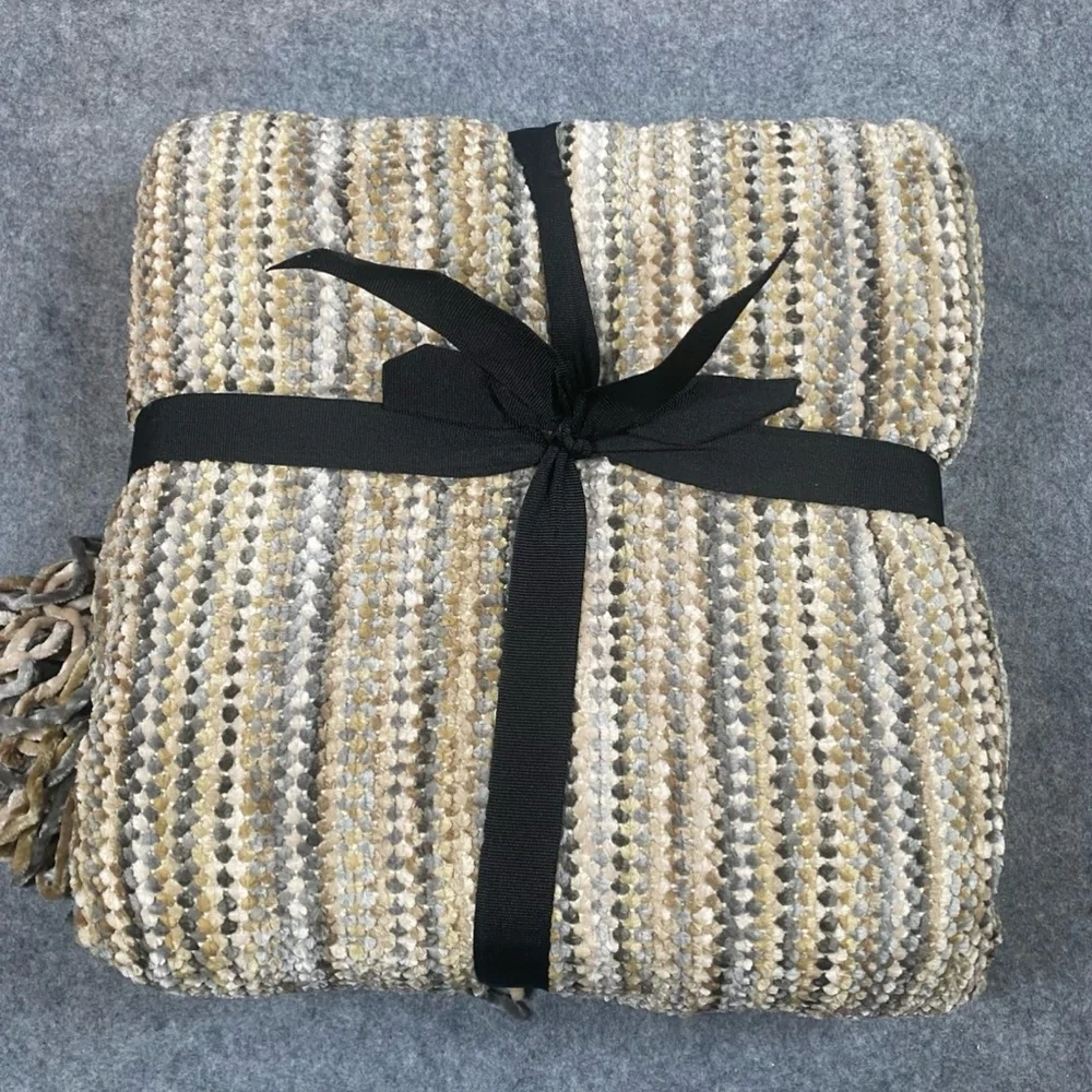 Vtg Brentwood Originals Neutral Stripe Chenille Throw Blanket Gray Beige Camel
